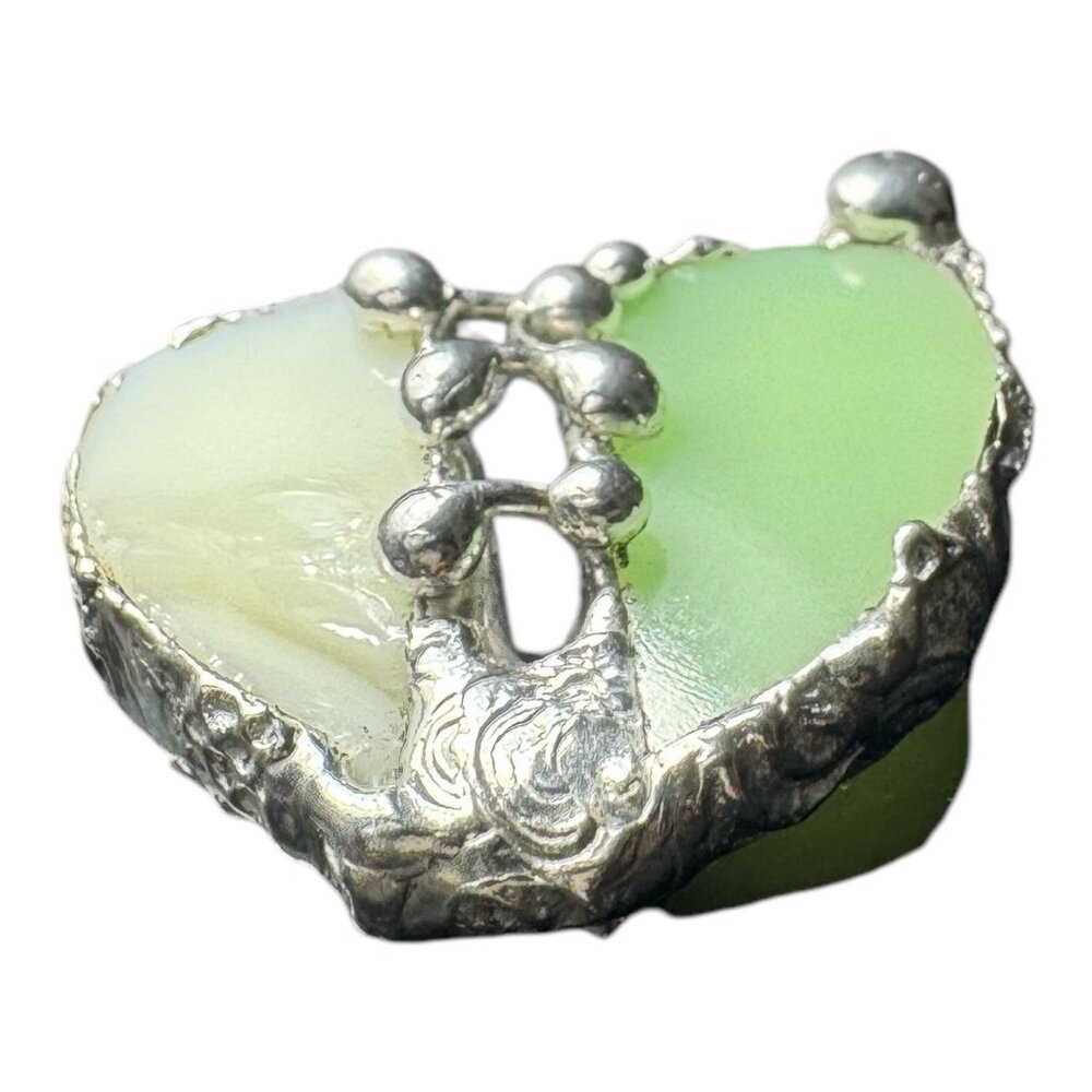 Vaseline Glass “Mended” Heart Pendant Bezel Artisan Crafted Glowing Glass - Picture 10 of 17